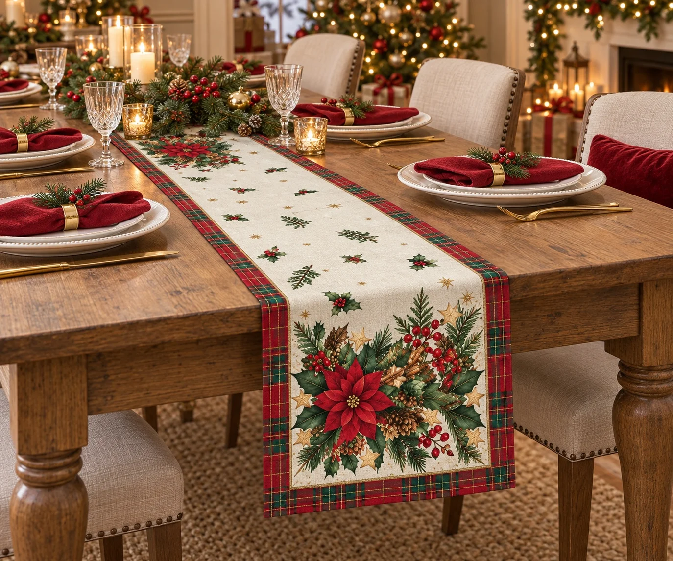 Christmas Poinsettia Plaid Table Runner Holly Berry Pine Cone Table Cover Holiday Dining Table Decor Xmas Farmhouse Home Party D