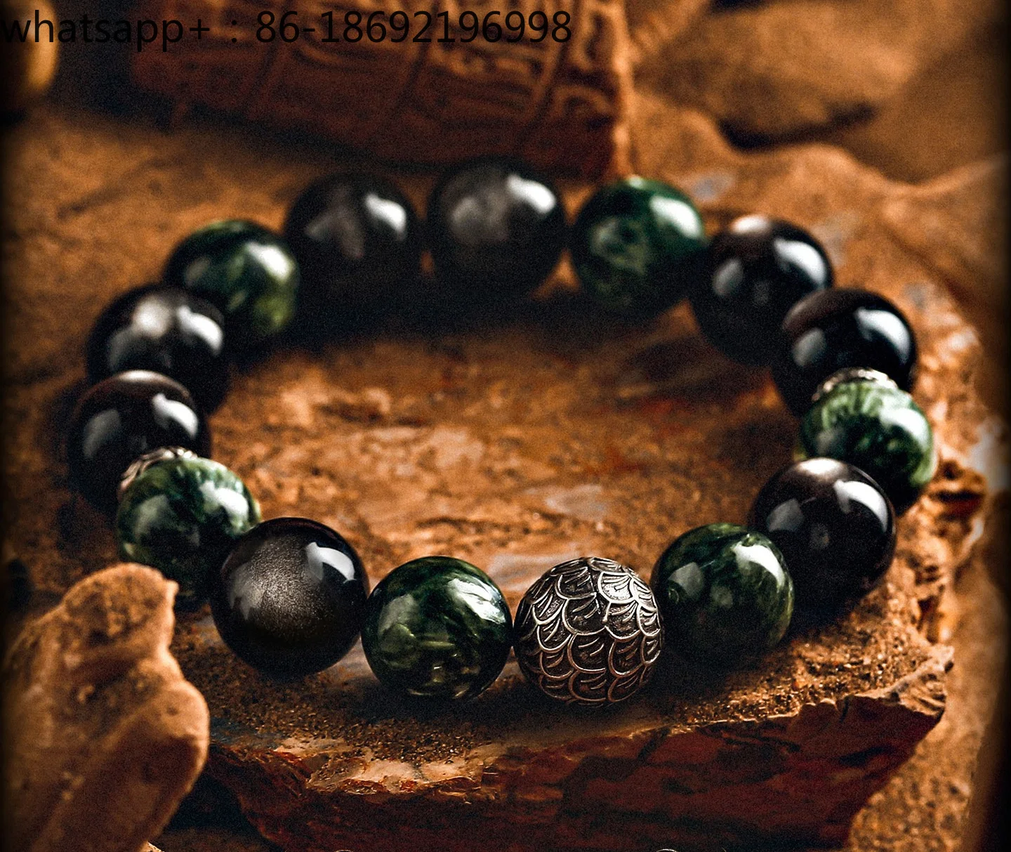 [Counterwar] Retro Silver Obsidian Bracelet Boys Green Dragon Crystal Bracelet