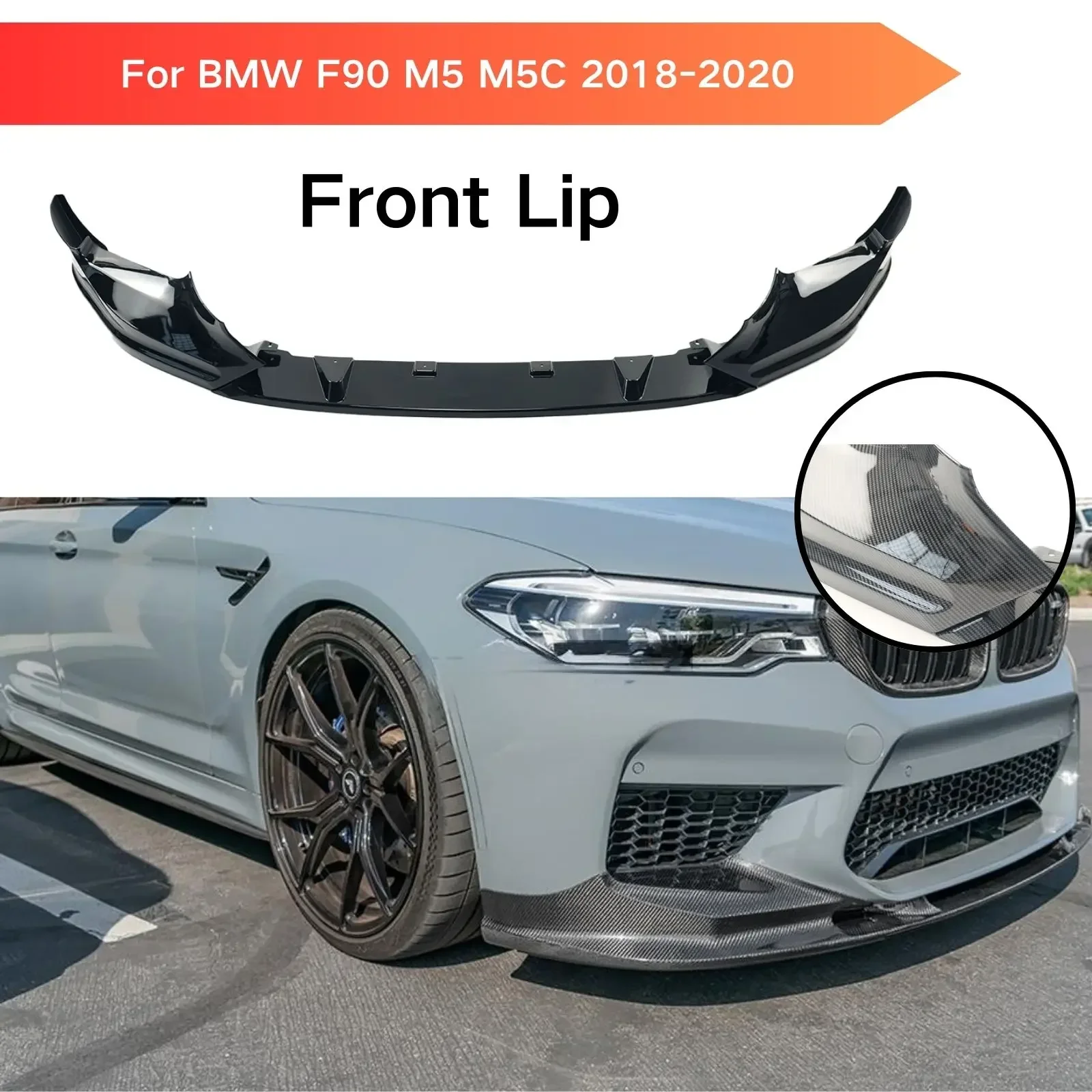 Per BMW F90 M5 M5C 2018-2020 Labbro Anteriore Spoiler Splitter Diffusore Accessori Auto Paraurti Nero Lucido In Fibra di Carbonio Look Decorare