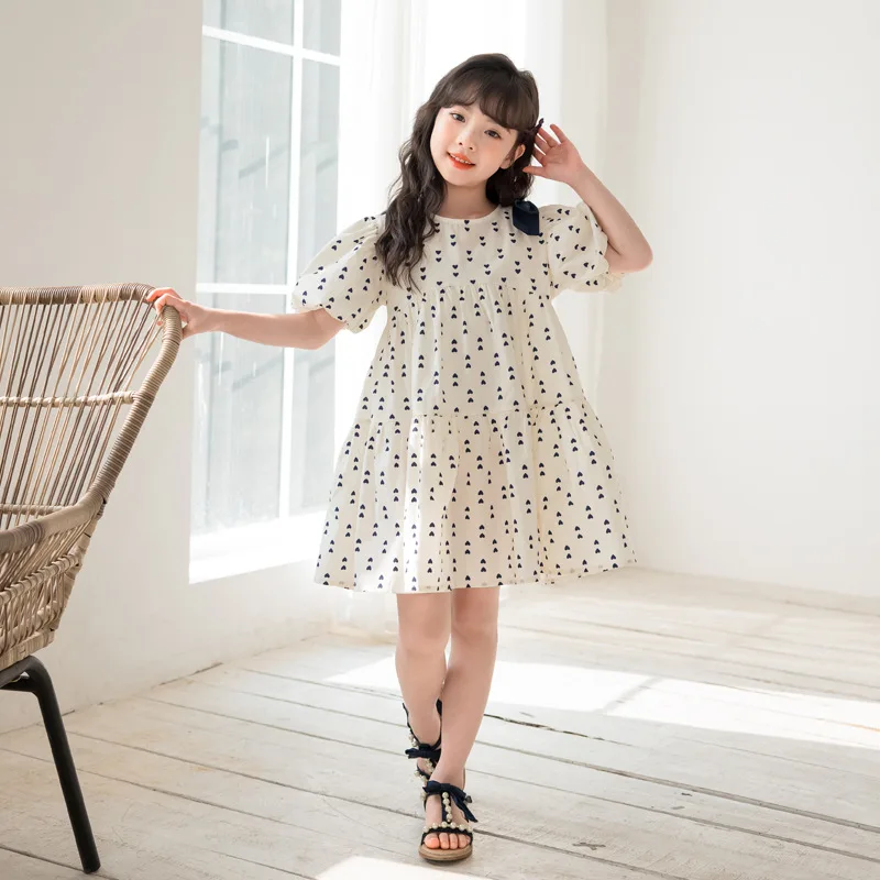 

2024 Korean Summer Children Girl One-piece Dress Teenager Girl Bubble Sleeve Bow Fluffy Dress School Girl Princess Dress