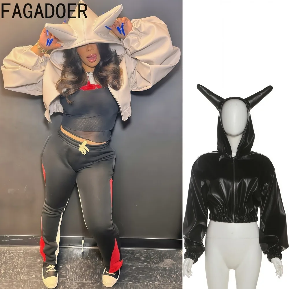 

FAGADOER Sexy Leather Patchwork Jacket Women Solid Color Long Sleeve Zipper Hooded Jacket Female Streetwear Clothing Autumn New