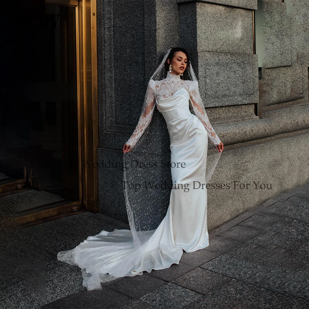 

MCDV Lace Mermaid Wedding Dress 2026 Long Sleeve High Collar Applique Illusion Back Bridal Gown Vestidos De Novia Customized