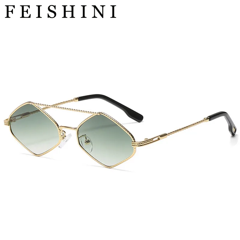 

Feishini Vintage Small Sunglasses Men Fashion Polygonal Double Beam Designer Red Hip Hop Steampunk Metal Sun Glasses Women