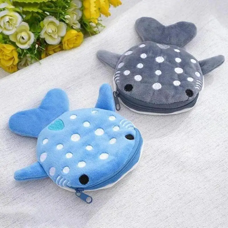 Porte-monnaie en peluche Requin de dessin animé mignon, porte-clés, petit portefeuille, pochette zippée, sac organisateur de câbles, cadeau créatif
