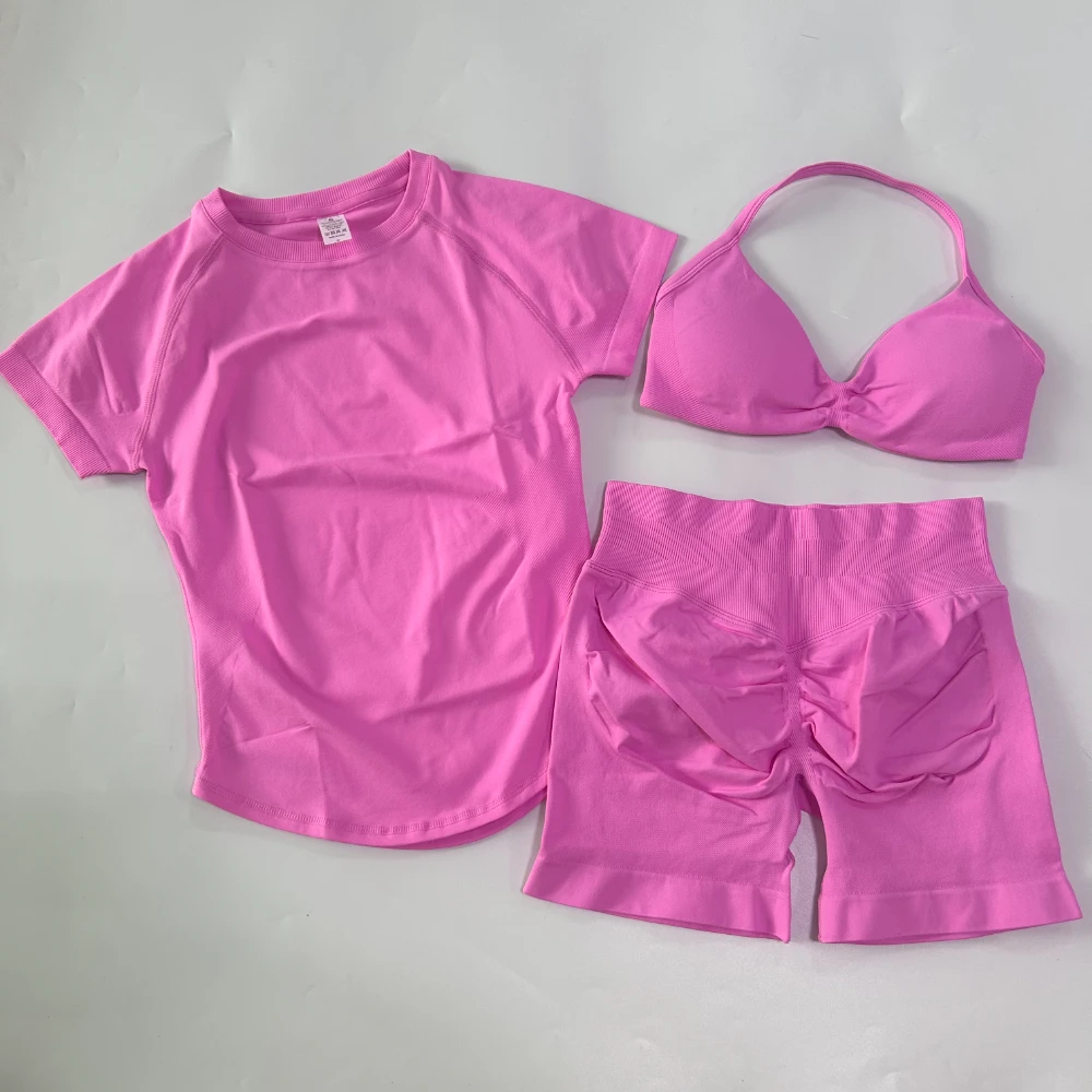 3-teiliges Workout-Set für Damen: Sport-BH mit Trägern + Sport-Top mit langen Ärmeln + Yoga-Shorts, Sportanzug, Yoga-Kleidung, Fitness-Outfit – Detail 16