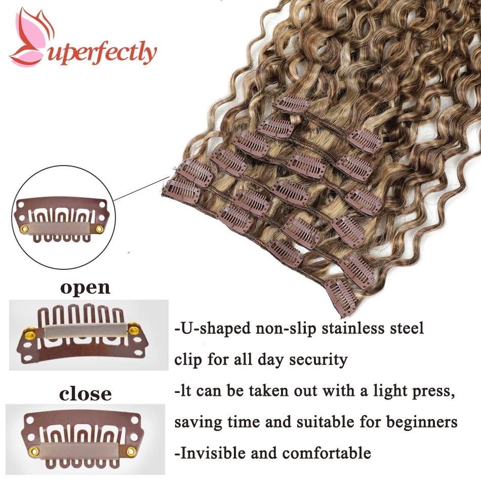 Uperfly Water Wave Clip nelle estensioni dei capelli Remy Human Hair 6 pz/set Highlight Full Head Hairpiece Clip nelle estensioni