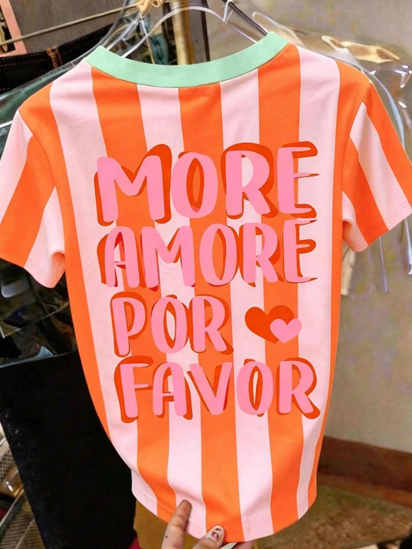 Women Striped Short Sleeve T-Shirt, More Amore Por Favor Spanish Letter Heart Print Crew Neck Casual Summer Beach Holiday Tee