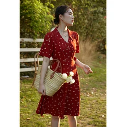 DUSHU-vestido de gasa con estampado Floral para mujer, ropa Retro de manga corta, falda acampanada, color rojo, para oficina, Verano