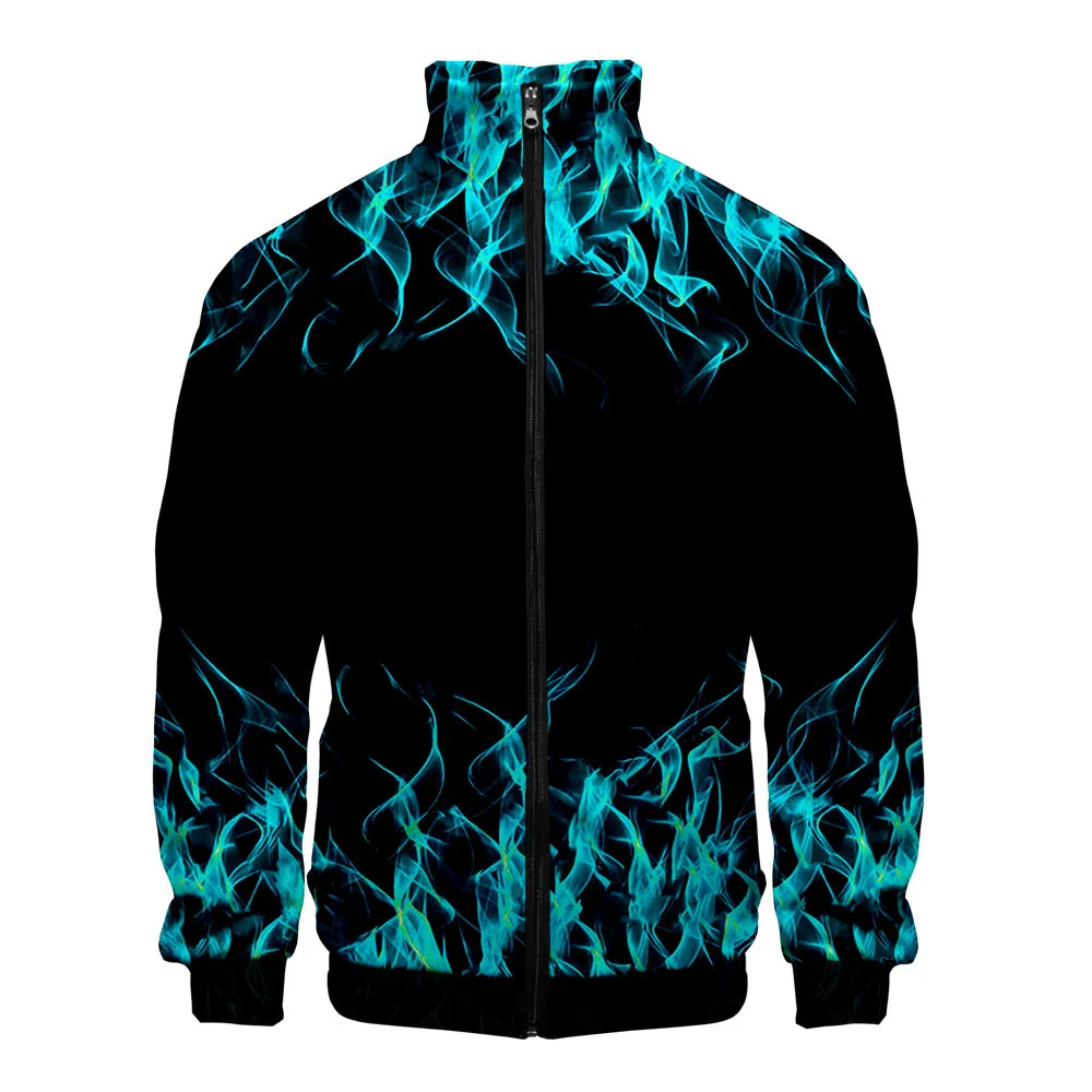 Blue Green Red Purple Flame 3D Printed Men's Jackets Harajuku Cardigan Stand Collar Zipper Baseball Jacket Outerwear Coats