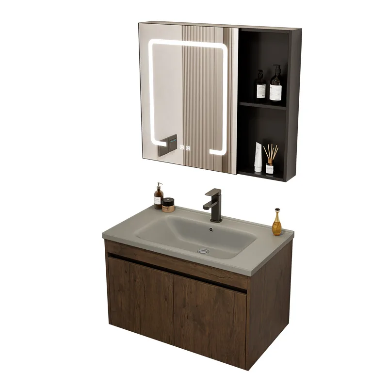 

New walnut bathroom cabinet hotel small apartment bathroom integrated face basin