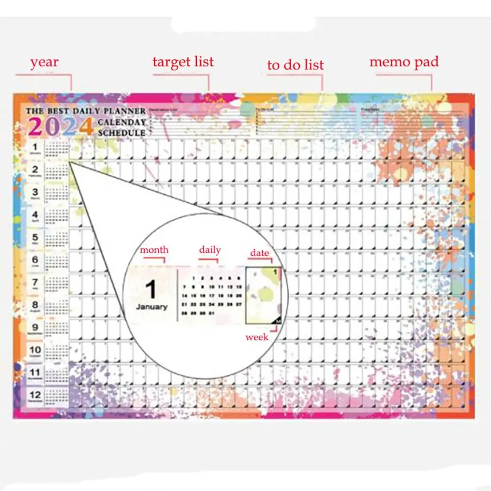 壁掛けカレンダー、年間プランナーシート、メモ帳、リスト、アジェンダオーガナイザー、チェックリスト、ホームオフィスの装飾、新しい、2024