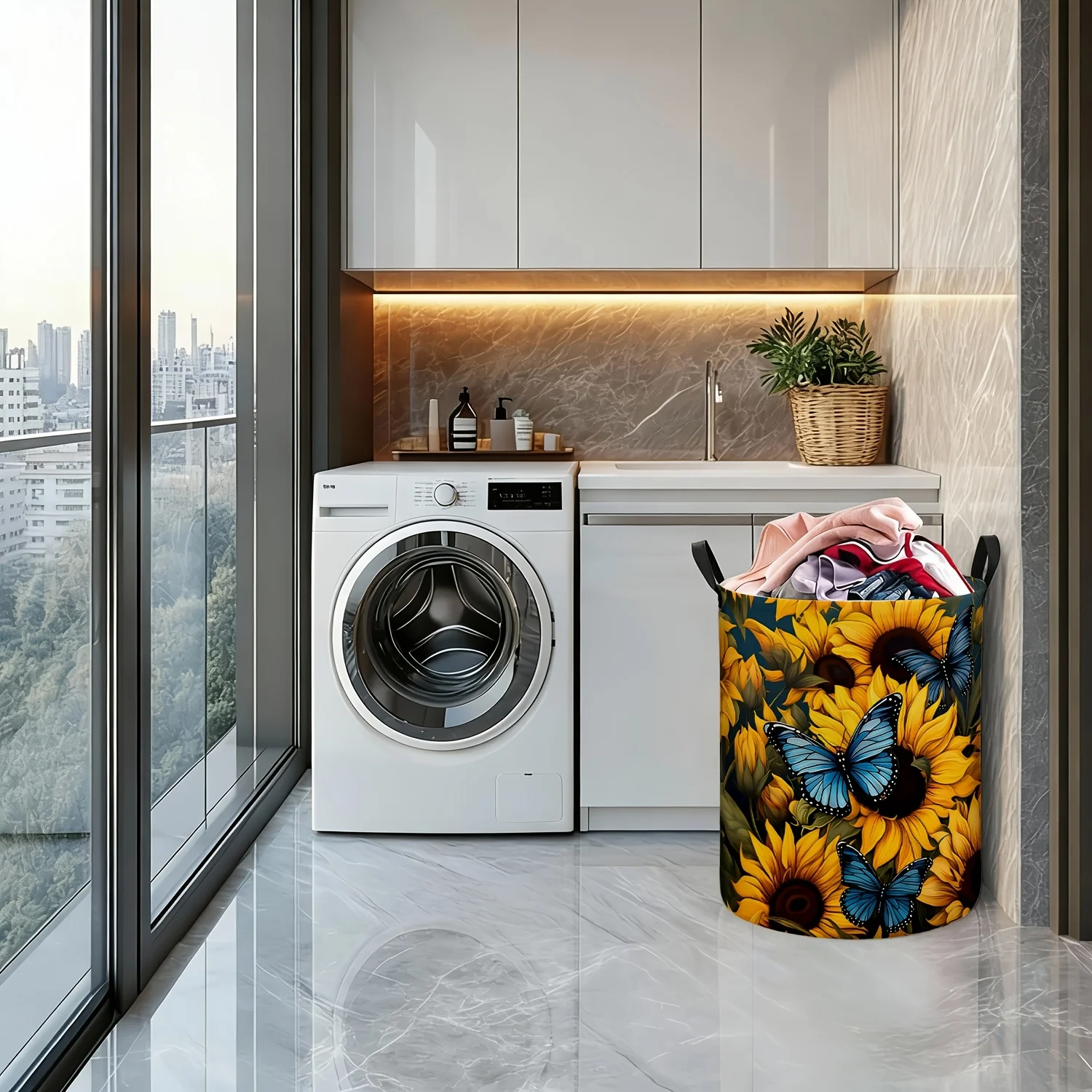 Sunflower Laundry Basket Blue Butterfly Design Foldable Dirty Clothes Hamper with Handles Clothing Storage Bucket Organizer
