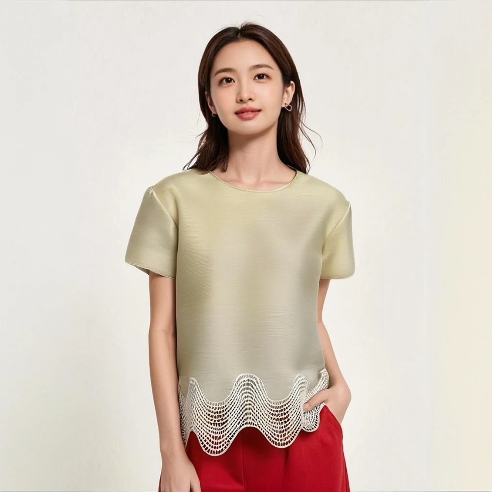

Miyake Pleated Spring/Summer New Arrival 2025 Fashion Lace Pleated Top Versatile Loose-Fitting Short-Sleeve T-Shirt for Women