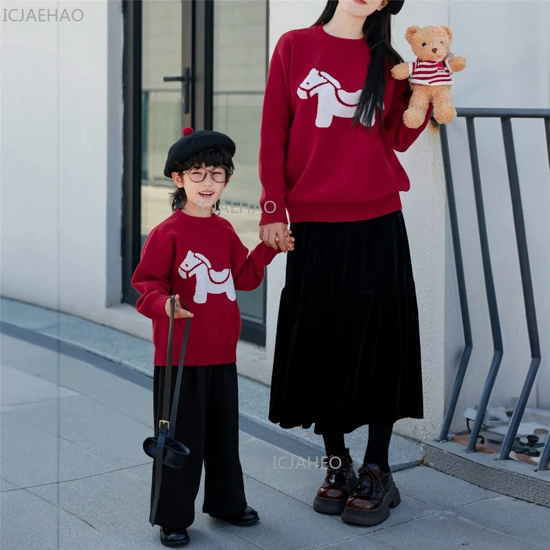 Christmas New Year Red Horse Pattern Knitted Sweater Soft Comfortable Toddler Kids Tops Mother Daughter Son Matching Outfit