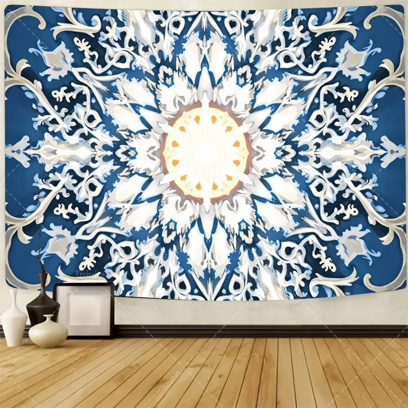 

1 шт. настенный гобелен в стиле бохо Мандала - синий и белый цветочный настенный гобелен для богемного декора комнаты