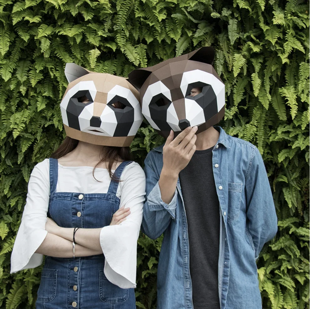 Creative animal Little raccoon head mask Diy paper model funny cute party photo Tiktok props