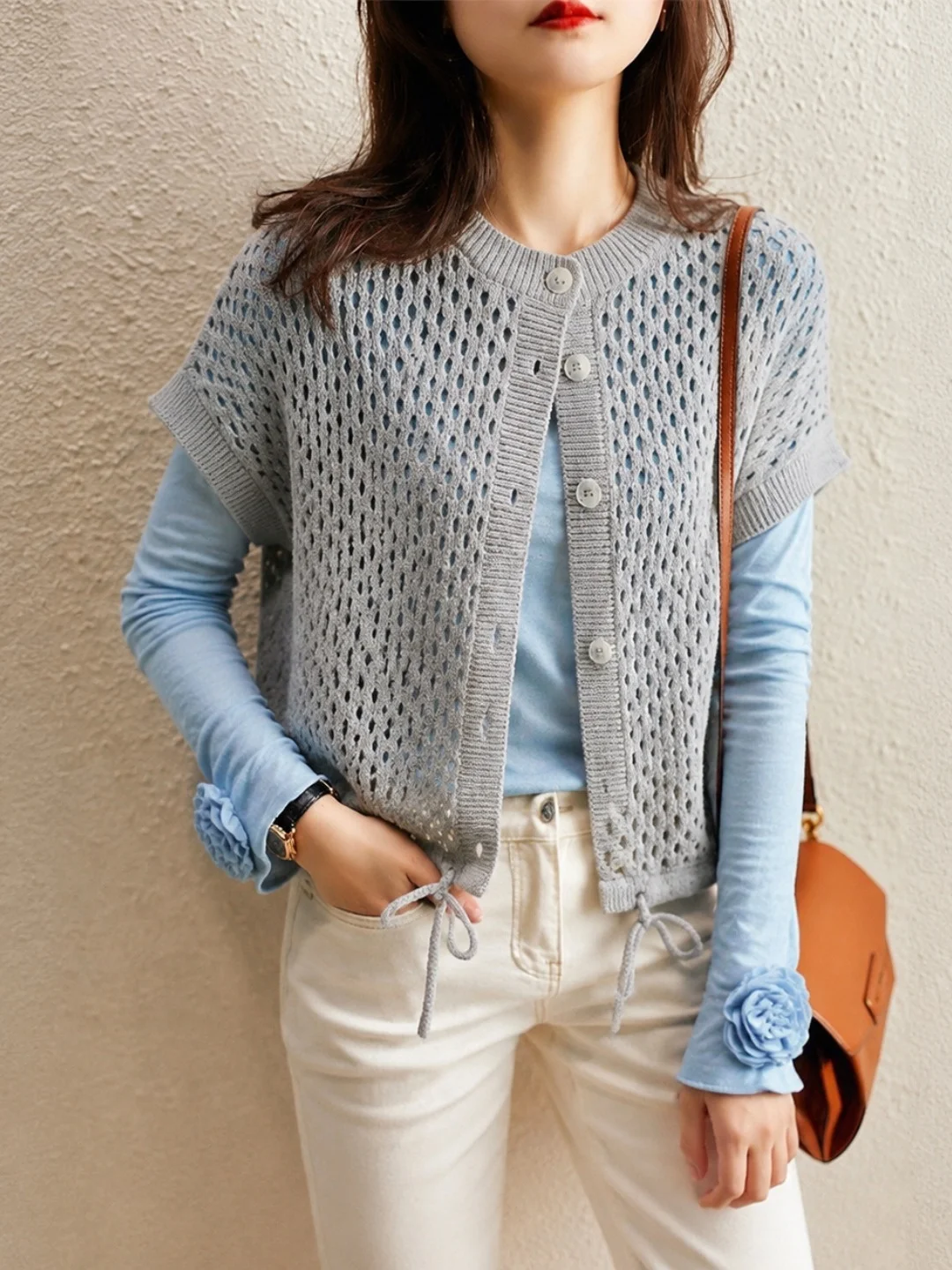 Korean Style Hollow out Design Soft Comfortable Knitted Open Cardigan Single Button Women's Top Fashionable  2026 Autumn...