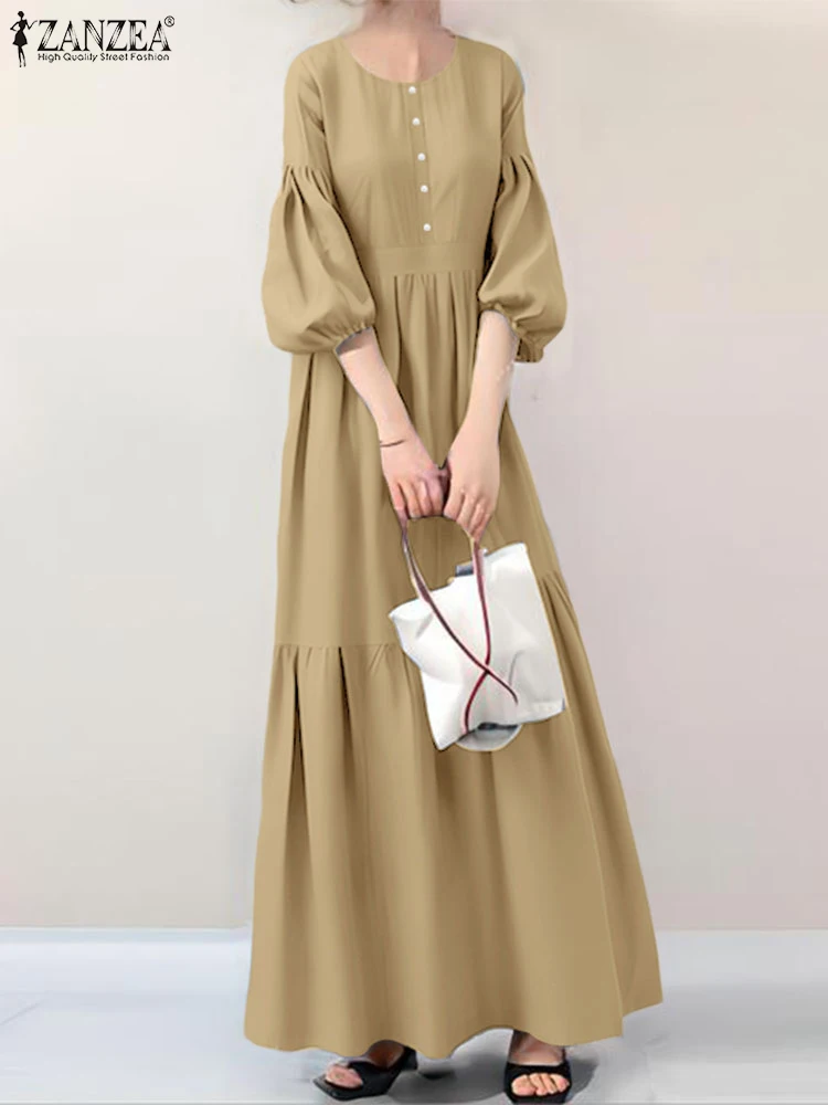 2025 Elegante Abito con maniche a lanterna ZANZEA Donne alla moda Maxi Abito lungo Estate Vestito estivo Casual Solid OL Abiti da lavoro Robe Femme