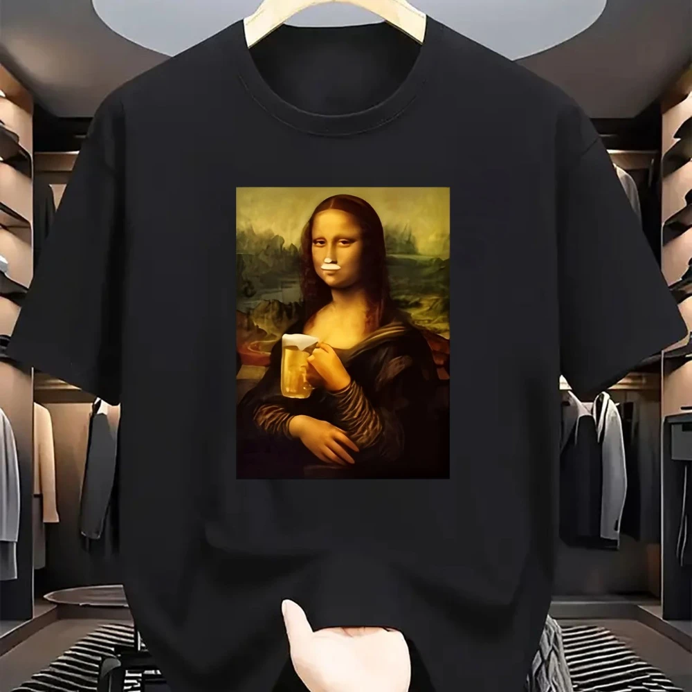 

Unisex Humor Mona Lisa Drink Beer Printed T-Shirt Casual Short Sleeve Crew Neck Top Cotton Top Soft Comfortable and Breathable