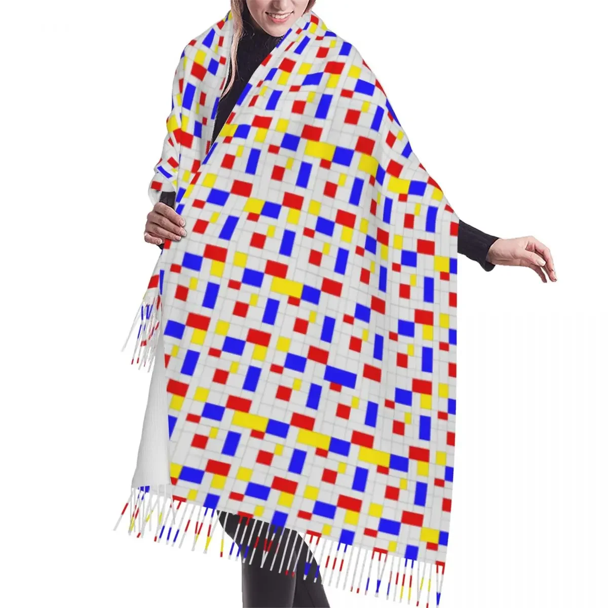 Female Long Piet Mondrian Minimalist De Stijl Modern Art Scarves Women Winter Fall Thick Warm Tassel Shawl Wrap Versatile Scarf