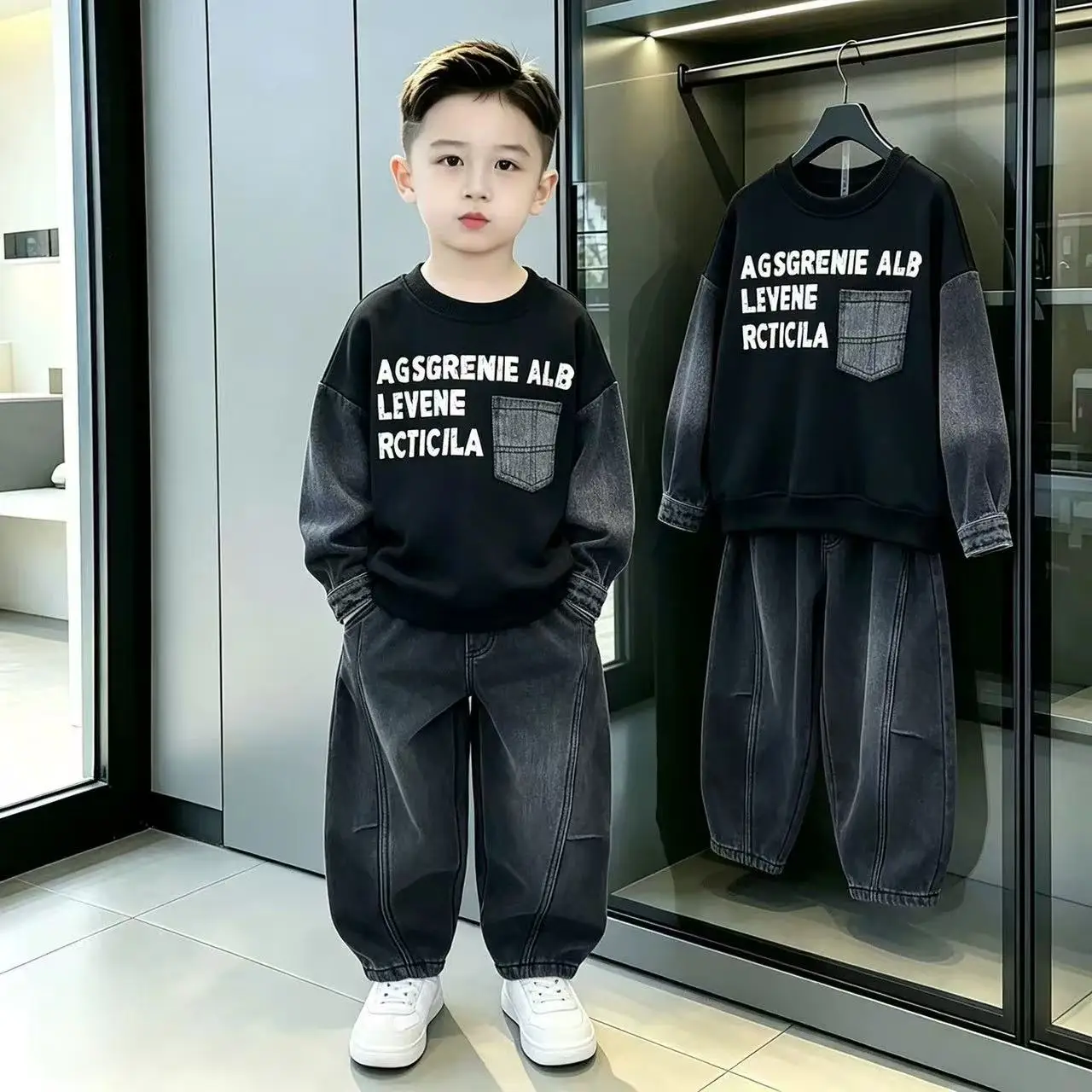 Boys' Denim Suit 2026 Autumn New Item Children's Baby Trendy Cool Color Blocking Hoodie Pants Two-piece Set