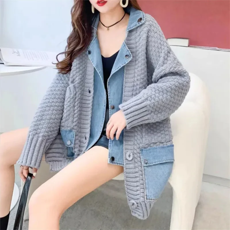 

Spring Autumn Korean Denim Splicing Knitted Cardigan Jacket Women Sweater Loose 4 Color Big Pocket Long Sleeve Knit Coat Female