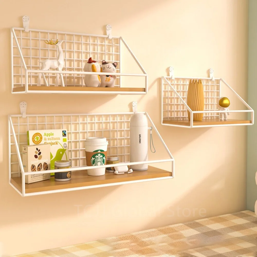 Wall Floating Shelves No Drilling with Fence Wall Mounted Wood Storage Shelf for Bedroom Bathroom Kitchen Cabinet Organizer Rack