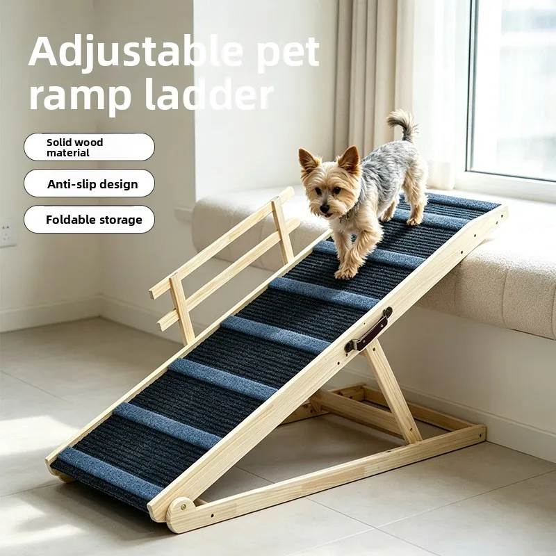 Foldable Pine Wood Pet Ramp Anti-Slip Carpet Rubber Base Long Indoor Dog Climbing Access In Two Sizes