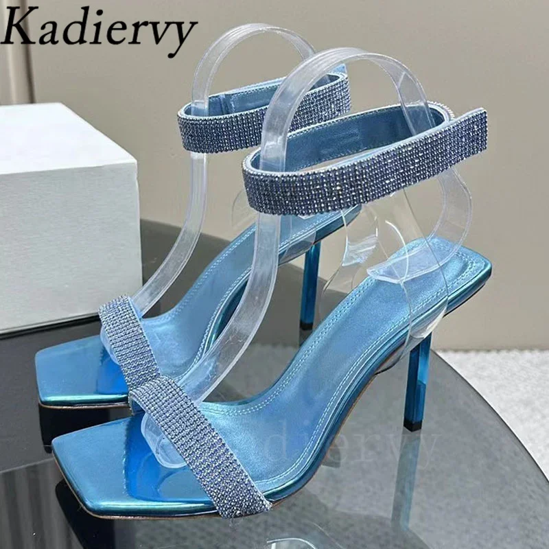 Sandalias de gladiador de tacón alto para mujer, zapatos de boda con correa en el tobillo y diamantes de imitación brillantes, sandalias de cristal de aguja para verano