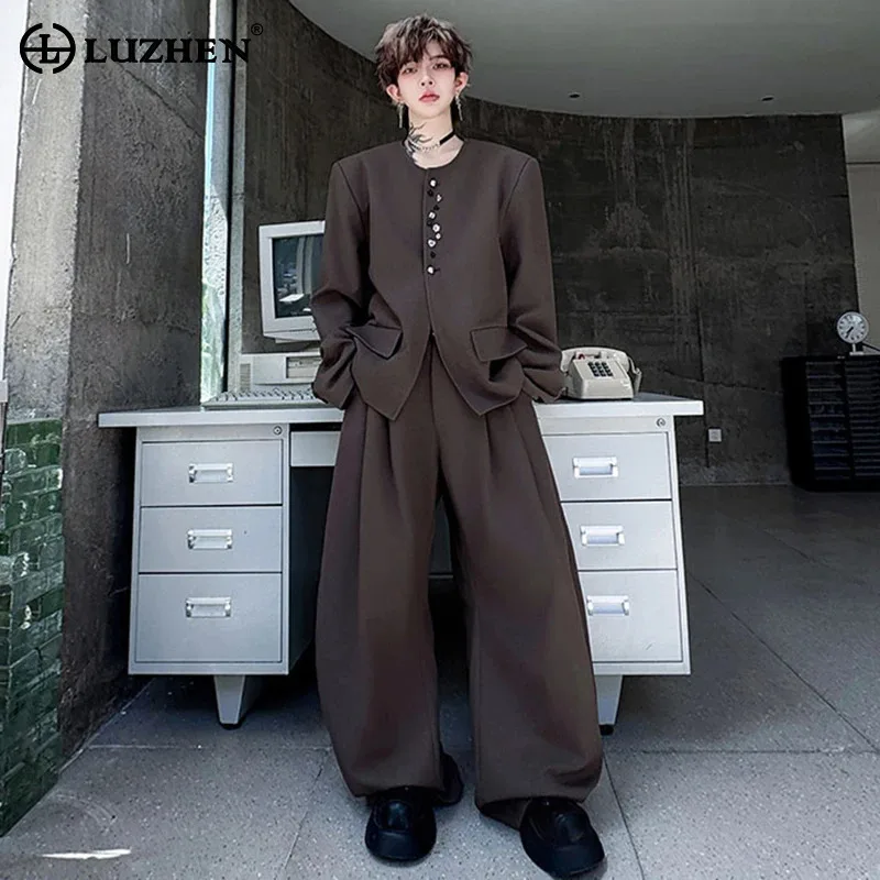 

LUZHEN Luxury Elegant Two-piece Sets Men's Fashion Solid Color Loose Wide Leg Casual Pants Original Shoulder Pad Blazer JY3589