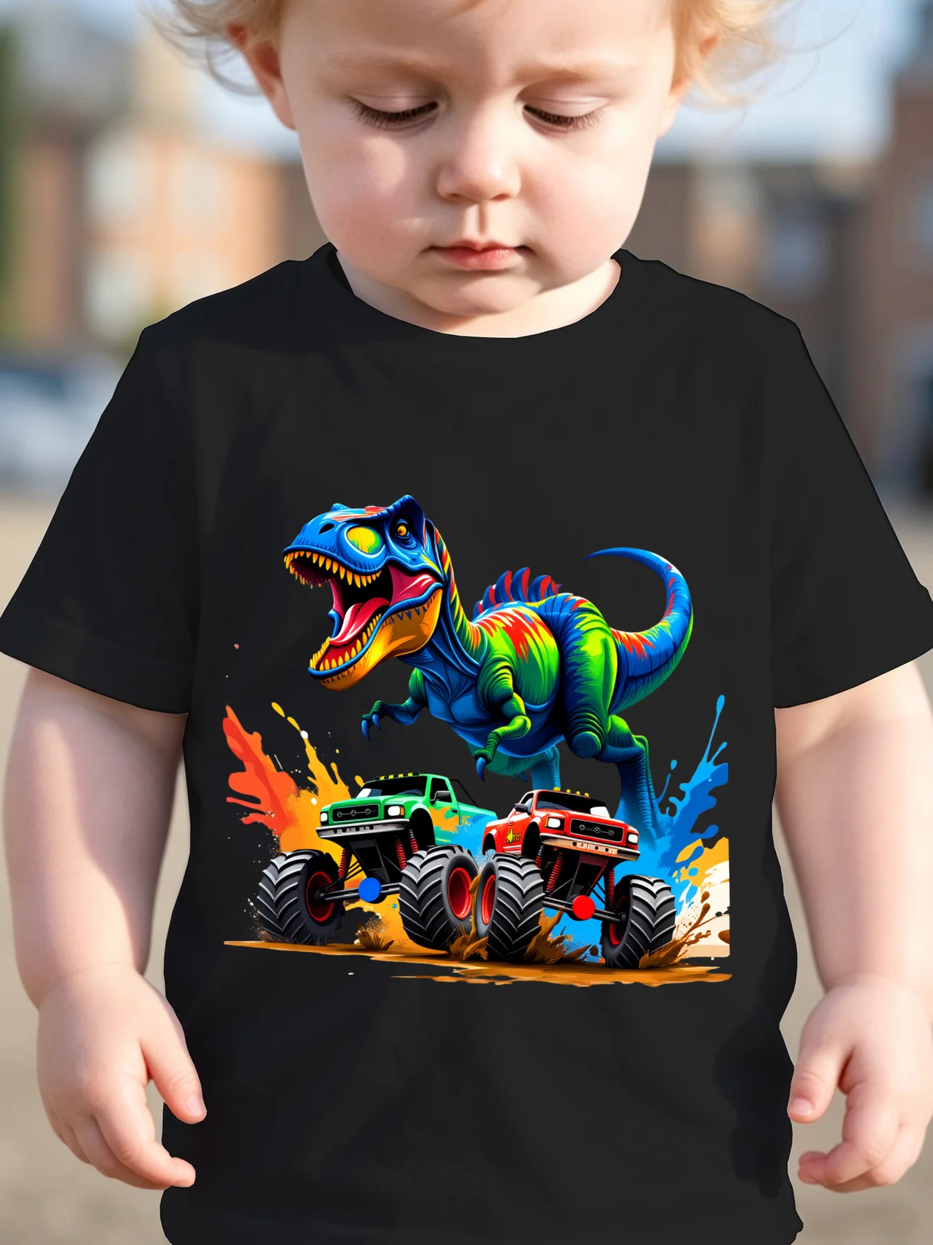 Kids Boys Girls Parent Child Matching Tee Cool Dinosaur Monster Truck Graphic Print Short Sleeve Crew Neck Soft Daily Wear Tee