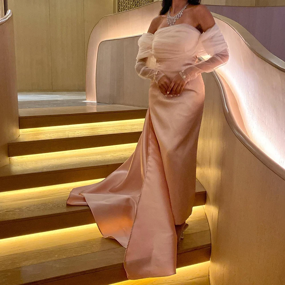 

Customized Modern Satin Straight Off The Shoulder Evening Dress Strapless Long Sleeves Panel Train Special Occasion Go