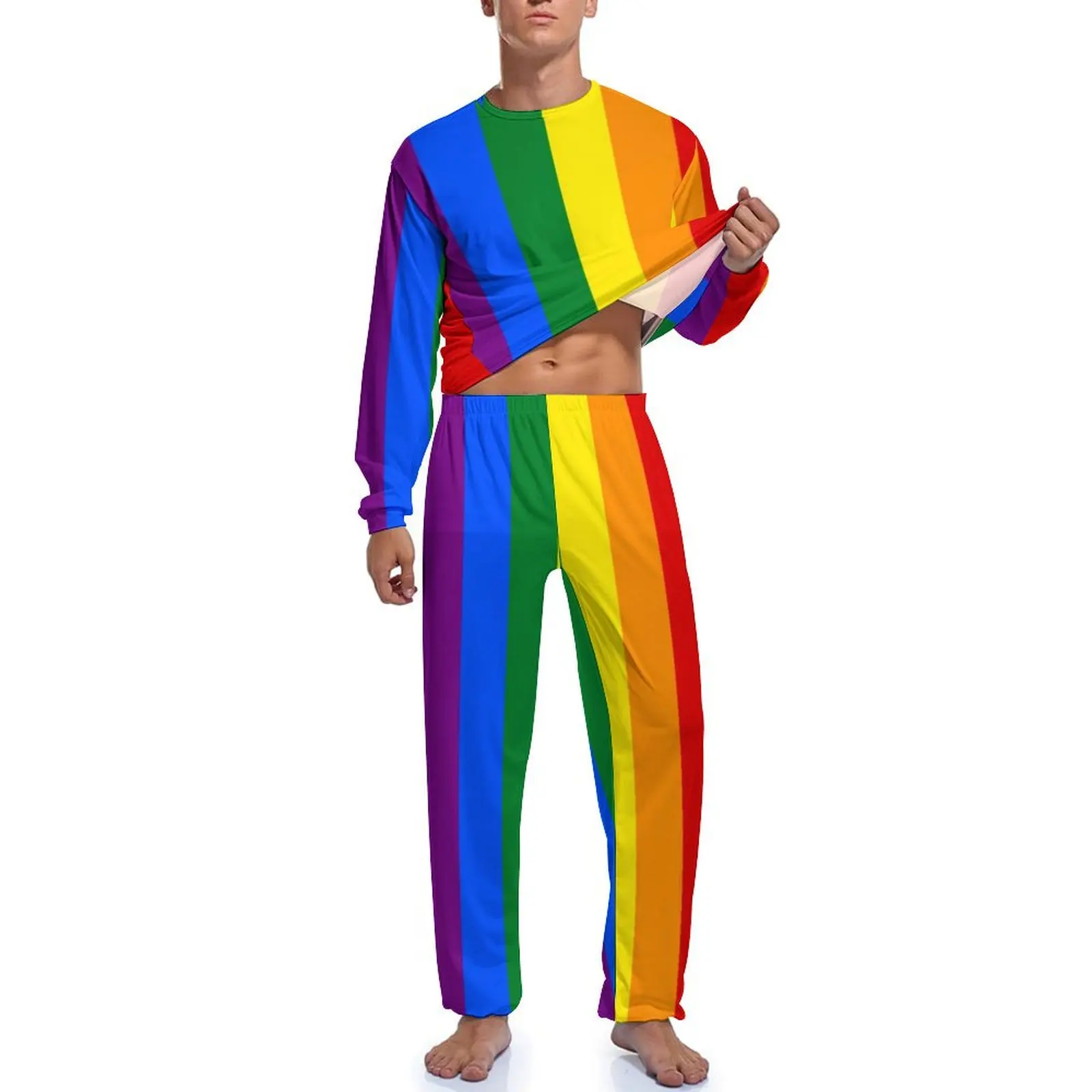 LGBT Rainbow Pajamas Gay Pride Flag Print Man Long Sleeve Retro Pajama Sets 2 Pieces Casual Daily Printed Home Suit Gift