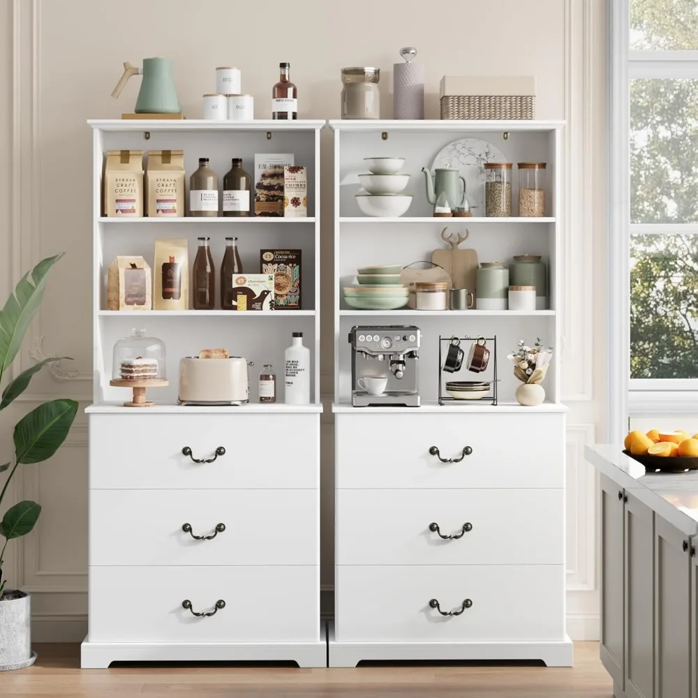 رف كتب واسع باللون الأبيض 31.5 مع 3 أدراج كبيرة و3 أرفف مفتوحة، حل تخزين متعدد الاستخدامات للمكتب المنزلي أو غرفة المعيشة