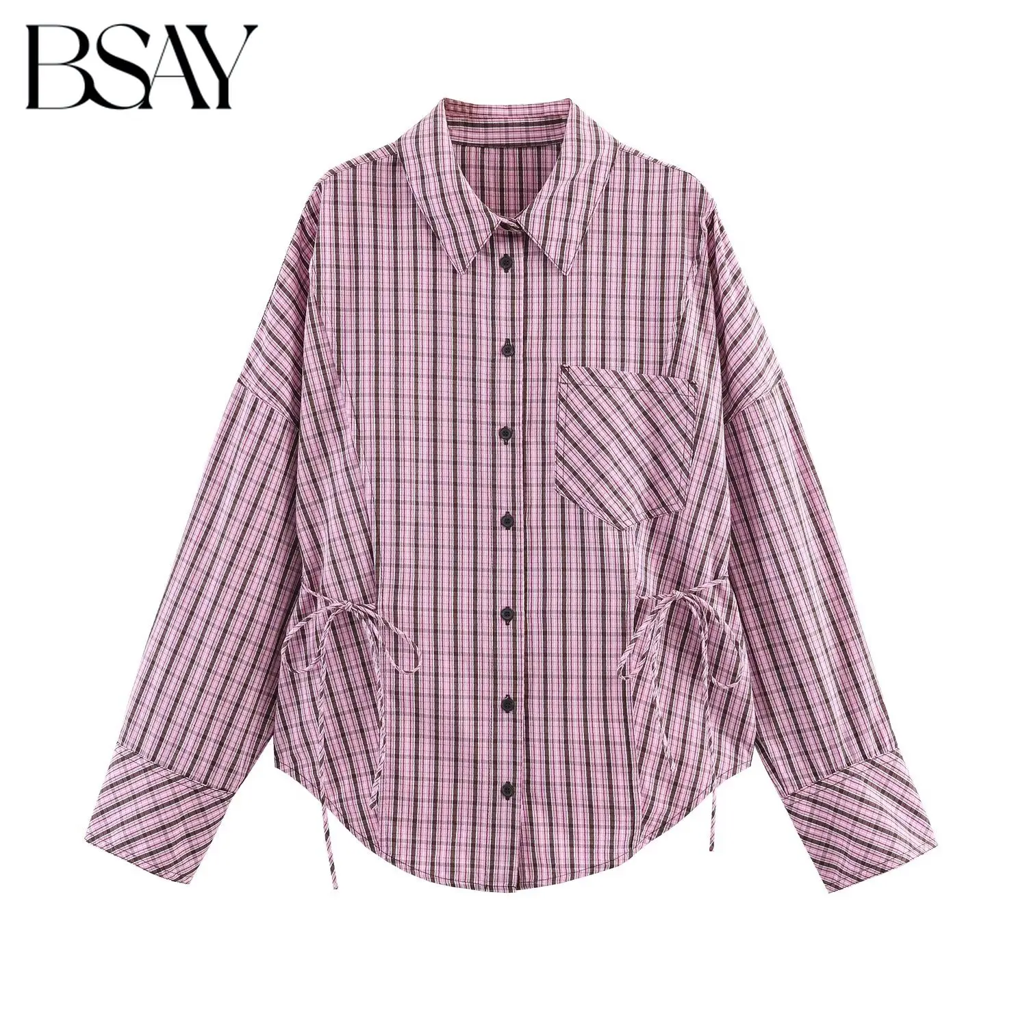 

Женская розовая рубашка в клетку с отложным воротником BSAY, модная блузка с длинным рукавом, весна 2026, с боковой шнуровкой и бантом на талии, свободный асимметричный топ