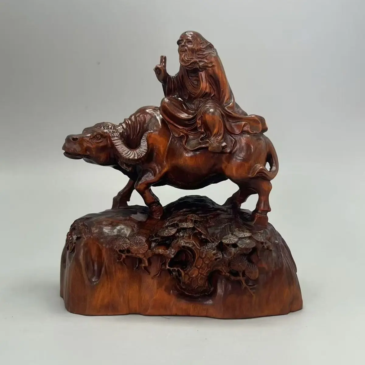 Hand Carved Wood Chinese philosopher laozi riding a cow Statue Figurine Desktop Ornaments Home Decoration Crafts Tea Pet Decor
