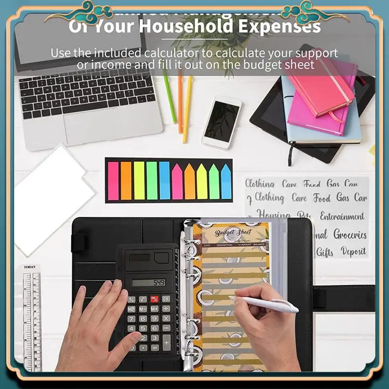 (신규)-A6 예산 바인더, 지퍼 봉투, 계산기 및 카드 포함, 현금 충전 봉투 바인더용 PU 돈 절약 주최자
