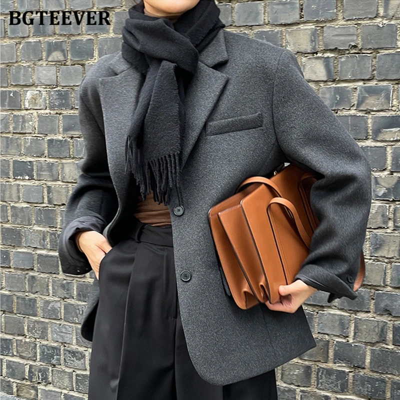 BGTEEVER Fashion Winter Thicken Warm Loose Single-breasted Female Woolen Blazer Vintage Long Sleeve Women Solid Blend Jackets