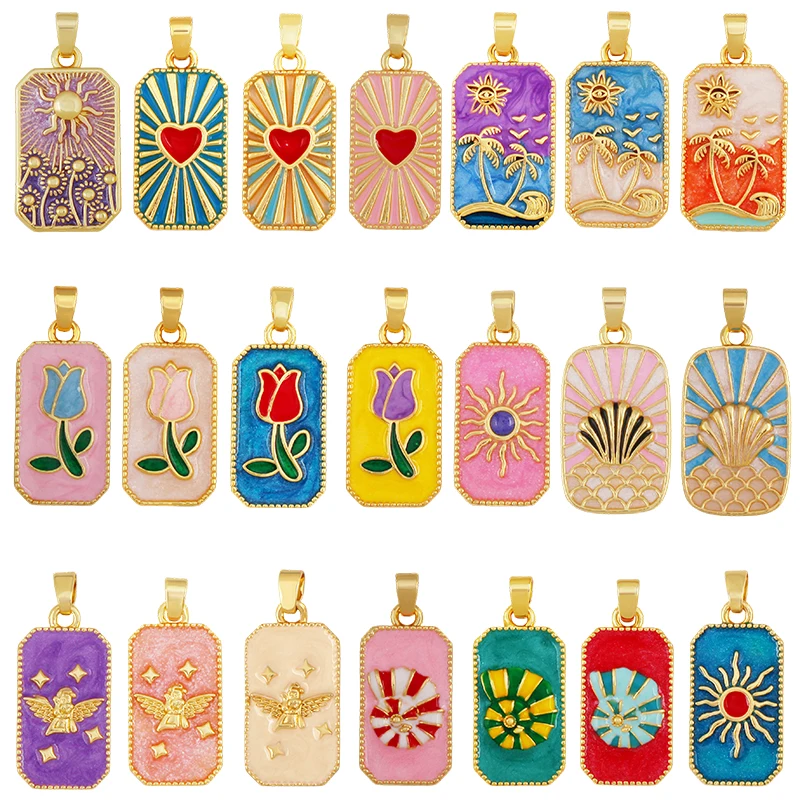 Trendy Geometry Enamel Tarot Cards Pendant Necklace,Colorful Heart Flower Angel Shell Square Charm Jewelry Supplies R05