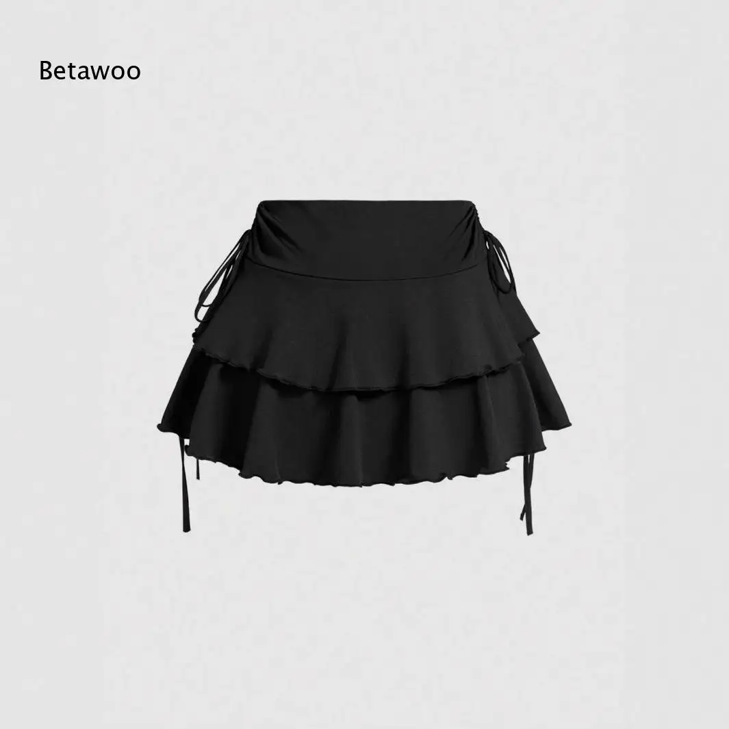 Women's High Waist Ruffled Mini Skirt Drawstring Side Tie A-Line Pleated Skort Casual Sporty Summer Skirt Solid Color Tennis
