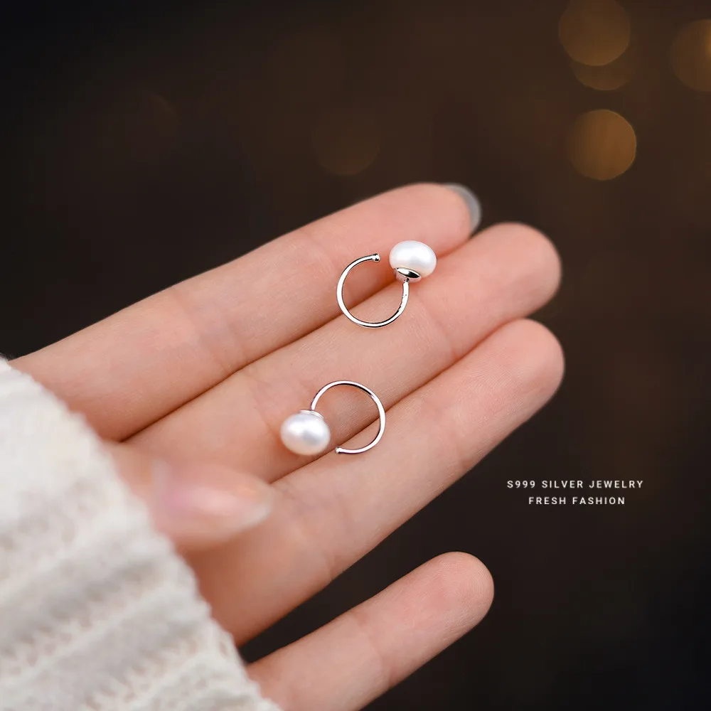 

French Vintage Light Luxury Natural Freshwater Pearl S999 Pure Silver Earrings Women Sweet Wedding Jewelry
