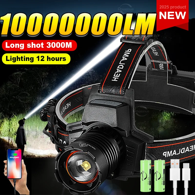 

10000000LM Ultra Bright Headlight 500W LED Powerful Headlamp Rechargeable Head Flashlight 18650 Outdoor Camping Head Lantern
