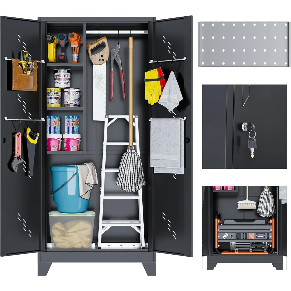 ตู้เก็บของโลหะ, ตู้เครื่องมือทำความสะอาดขนาด 75 นิ้วพร้อมประตูล็อค, ที่เก็บเครื่องมือโรงเก็บของสูง, ตู้ไม้กวาดขนาดใหญ่สำหรับ B