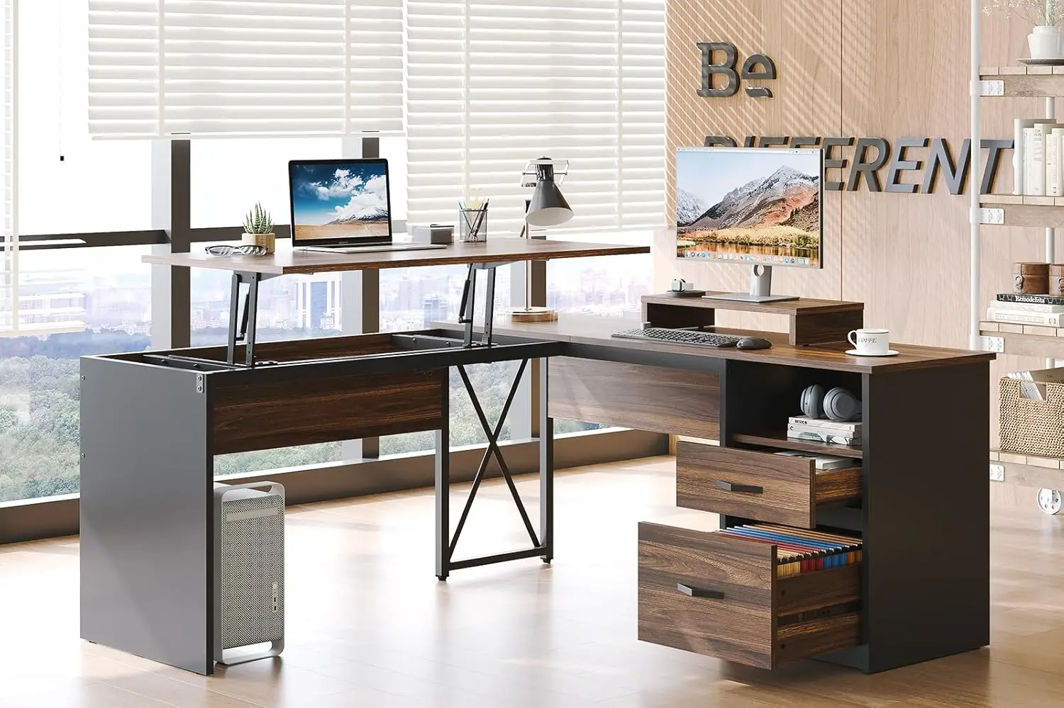 

Bestier Lift Top L Shaped Desk with File Drawer, 55'' x 55'' Office Desk with Reversible Storage Drawers, L Shaped Standing Desk