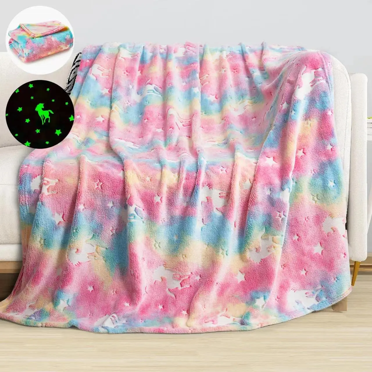 Glow in The Dark Throw Blanket Unicorns Blanket for Boys Girls Super Soft Fuzzy Plush Flannel Furry Fleece Blanket for Bed Sofa