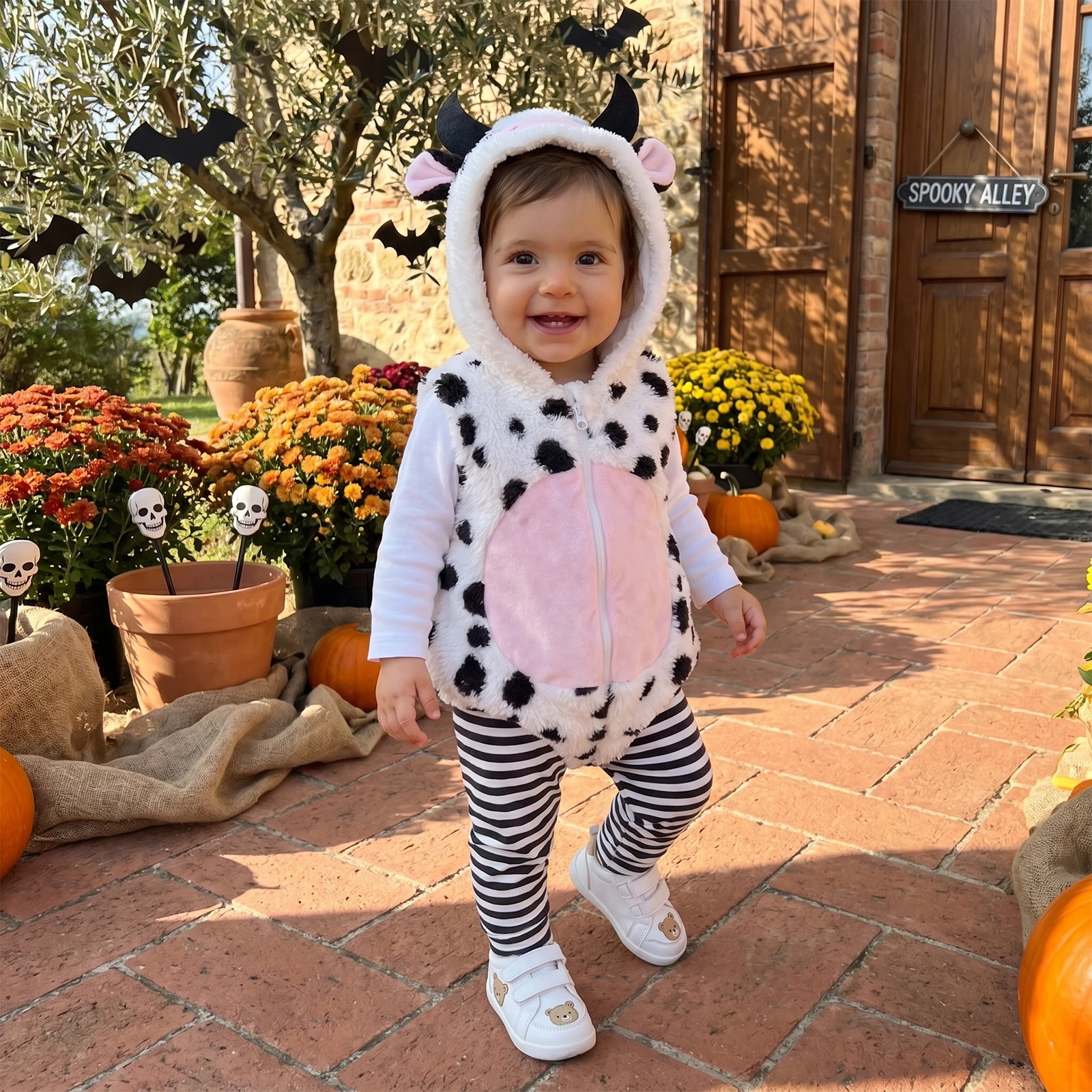 Baby Sleeveless Romper Character Hood Dinosaur/Lion/Cow Fleece Jumpsuit with Striped Leg Warmers Halloween Costume