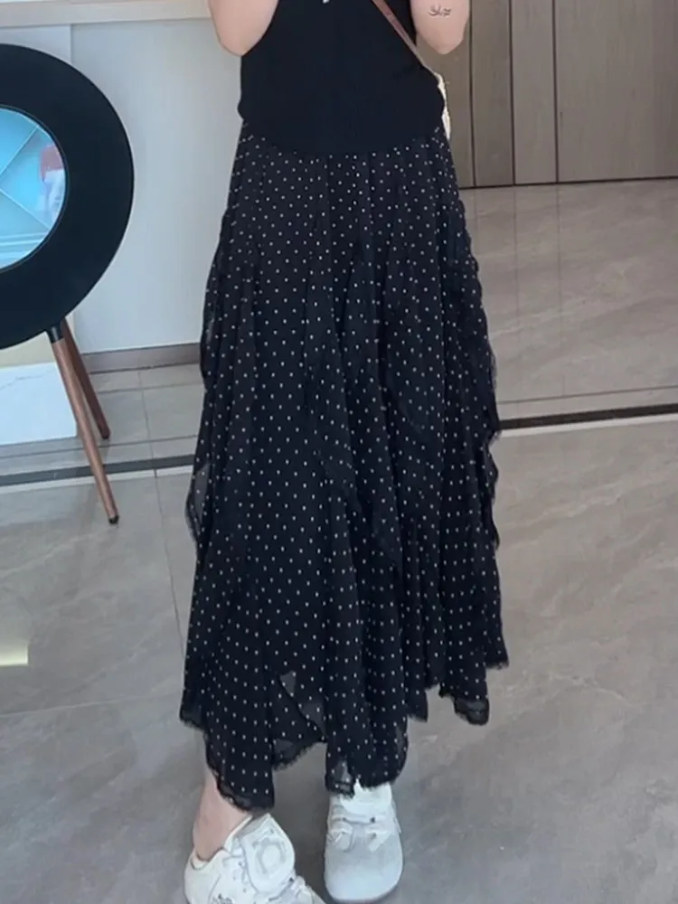 Spring 2026 Women's A-Line Polka Dot Half Skirt Irregular Lace Design Slimming Long Trendy Casual High Waist Loose Fit Skirt