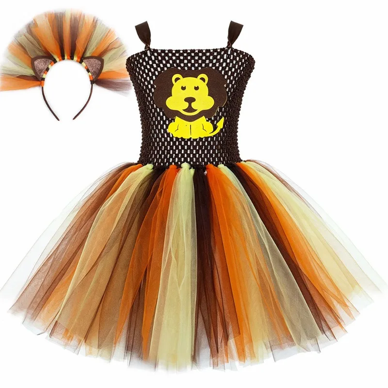 Girls' Jungle Lion Themed Tutu Dress, Fluffy Tulle Lion Dress for Kids, Suitable for Halloween, Birthdays and Stage Performances