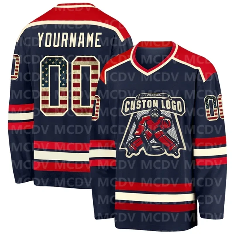 Custom Navy Vintage  Flag Or-Red Hockey 3D Print You Name Number Youth  Women Ice Hockey Jersey Competition Training Jerseys