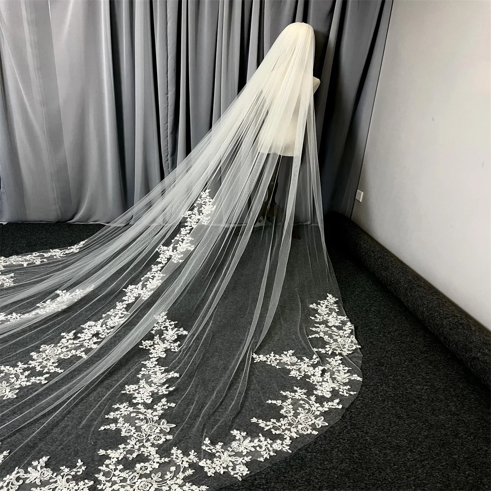 New Long Wedding Veil With Comb 1 Tier Soft TulleFloral Elegant Bridal Veils White Ivory Custom Veil 3M 4M 5M image 3